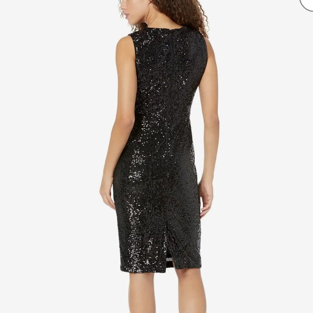 Calvin Stretch All Over Sequin Knot Detail Party Sheath Dress Black Size 8P NWT - Picture 2 of 15